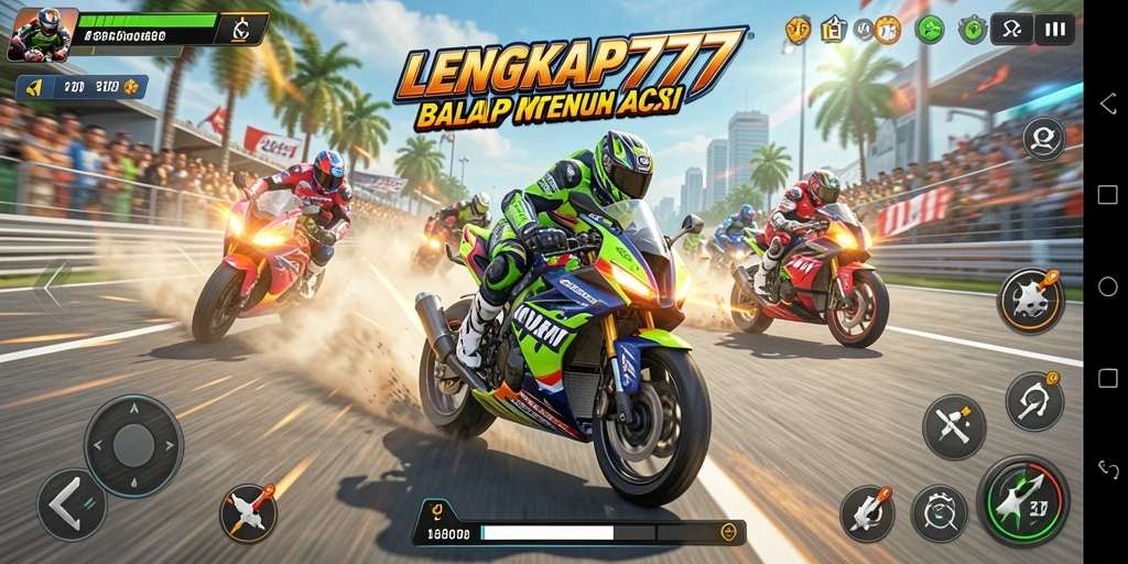 Screenshot LENGKAP777 menampilkan aksi balap motor yang intens dan seru.