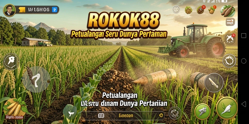 Screenshot utama ROKOK88 menampilkan ladang subur dan tanaman yang sedang tumbuh.