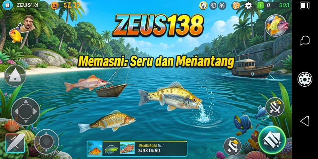 Screenshot ZEUS138 menampilkan pemain yang sedang memancing dengan latar belakang alam yang indah.